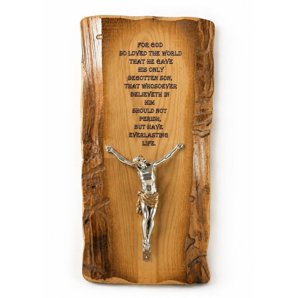 RH Crosses Rustic Wooden Wall Crucifix Plaque John 3:16 Scripture 14.5” Handmade